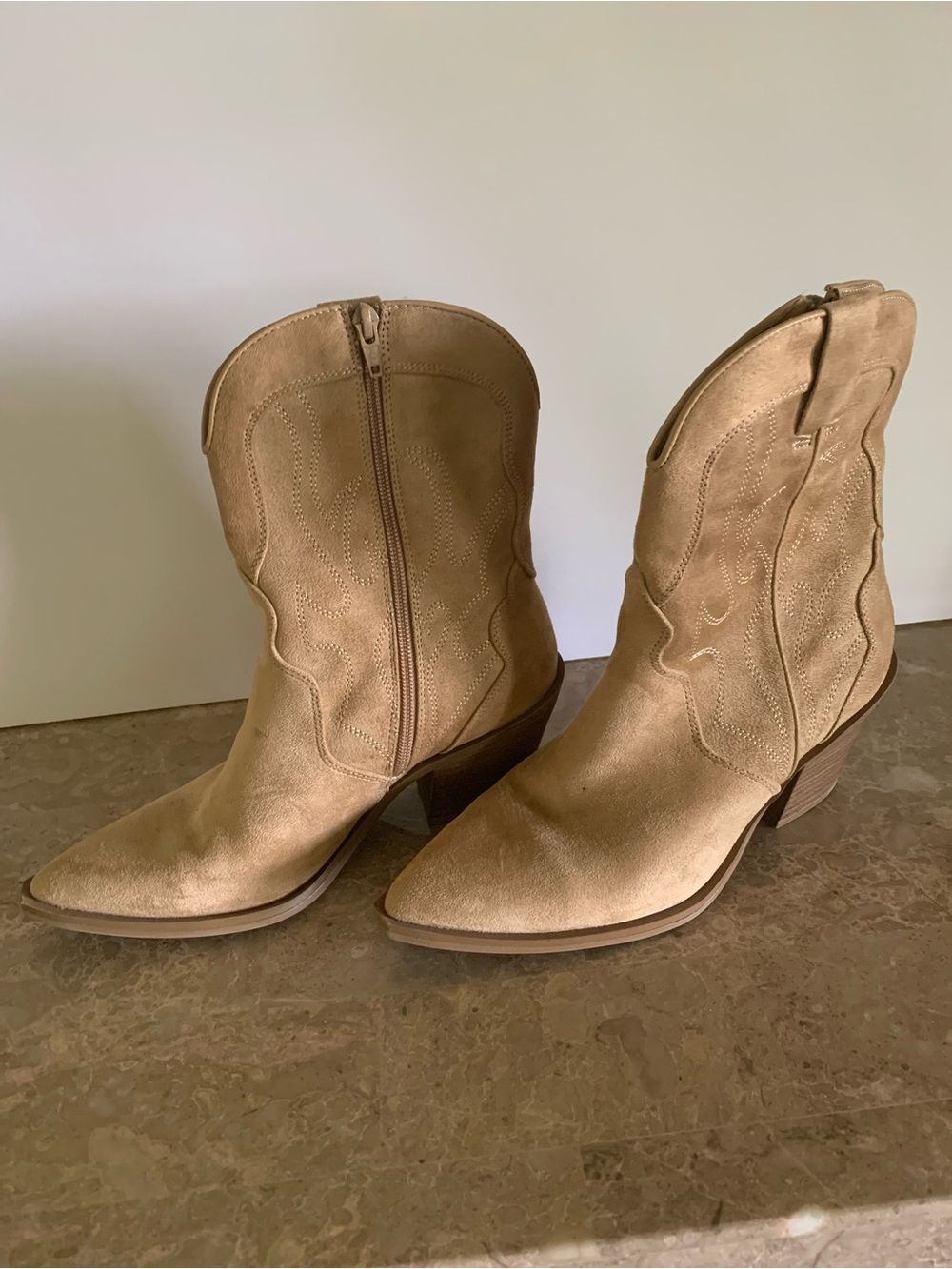Women's Tan Suede Western Ankle Boots with Stacked Heel